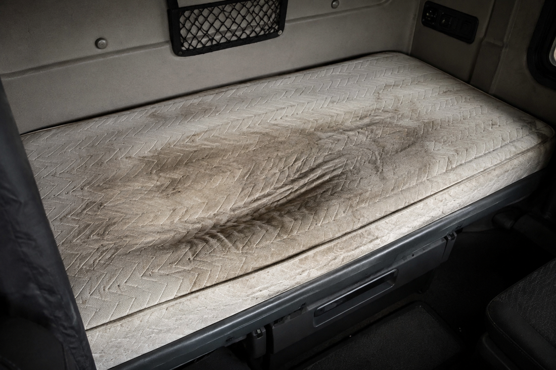 Old worn and sagging truck mattress inside an HGV sleeper cab showing signs of heavy use and loss of support.